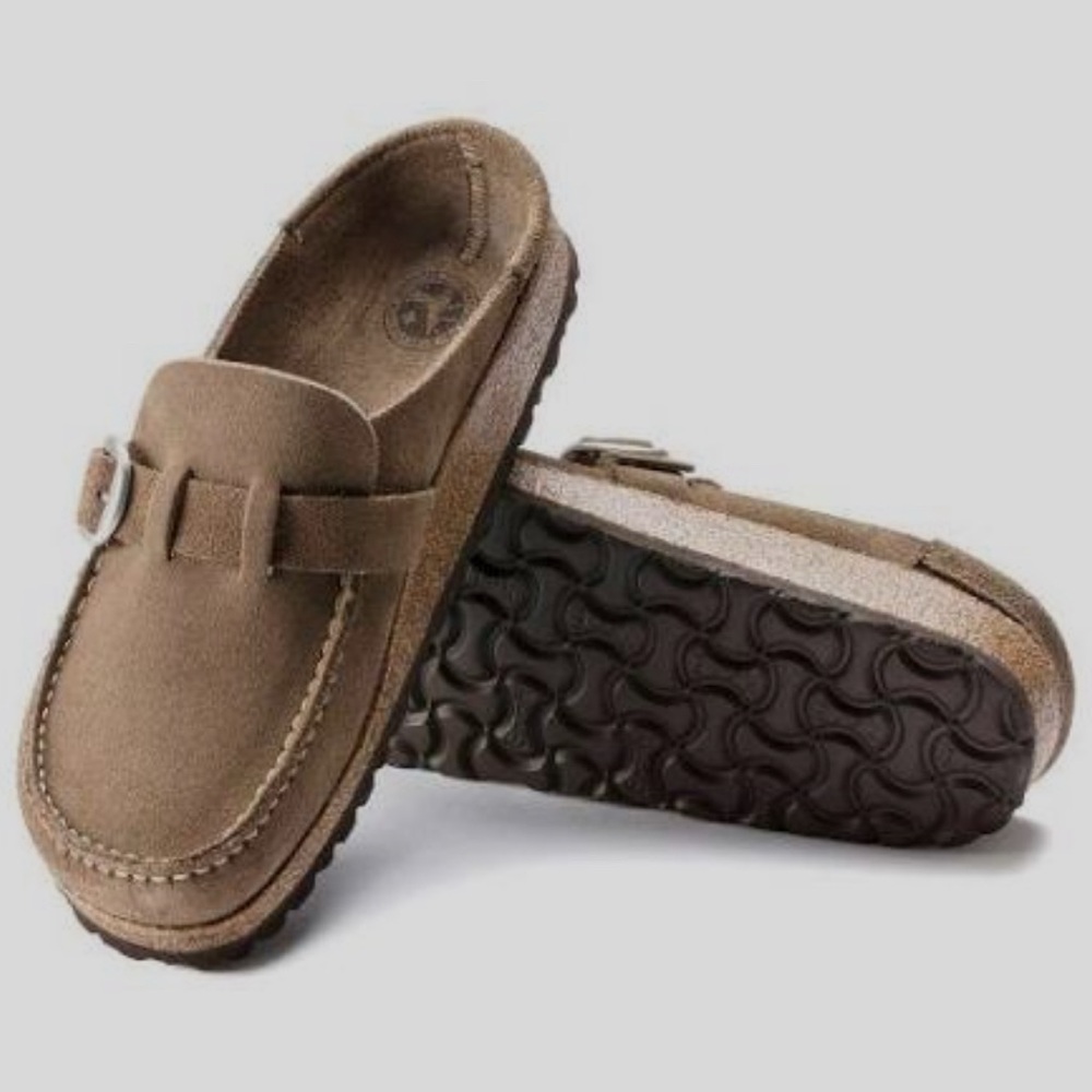 Birkenstock Women’s Buckley Sued Clogs Grey Taupe Tan Suede Mules